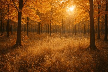 Fototapeta premium Fall Season in Woodland with Colorful Foliage and Brown Vegetation