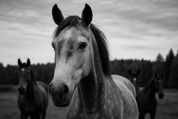 Obraz premium Black and white horse portrait with a monochrome finish and pedigree horses in the backdrop