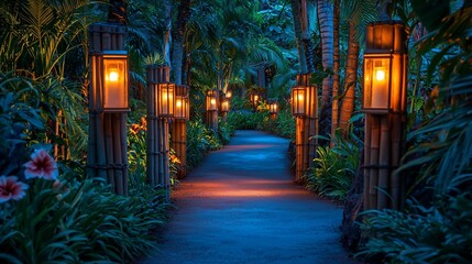 Fototapeta premium Serene path lit by warm candlelight, lush tropical foliage