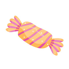 Wrapped orange candy with pink stripes and white dots, in flat style, sweet treats and confectionery