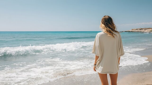 Woman in Beige Oversized T-Shirt Looking Out at Beach - Powered by Adobe
