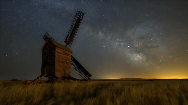 Wooden windmill under starry night sky dramatic cloudscape