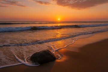 Stunning sunset over the rocky shoreline with gentle waves at the beach