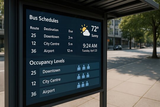 Digital bus schedule display in city street.