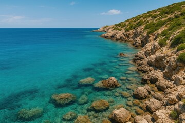 Fototapeta premium Stunning rugged shoreline with vibrant blue waters in a picturesque natural setting