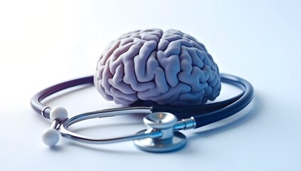 A brain with stethoscope isolated on white background, neuro care concepts