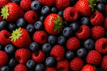 Close-up of a variety of red berries including strawberries, blueberries, and raspberries, emphasizing healthy eating