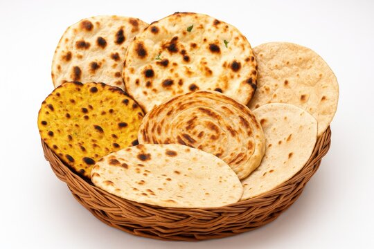 Variety of Indian Flatbreads Platter featuring chapati, tandoori roti, naan, paratha, kulcha, fulka, and missi roti