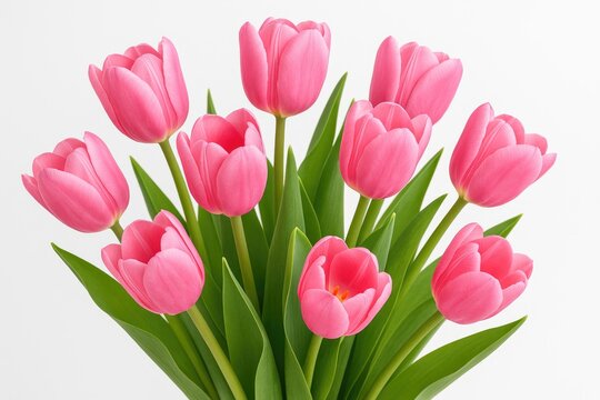 Elegant display of pink tulips arranged in a bouquet against a plain white backdrop - Powered by Adobe