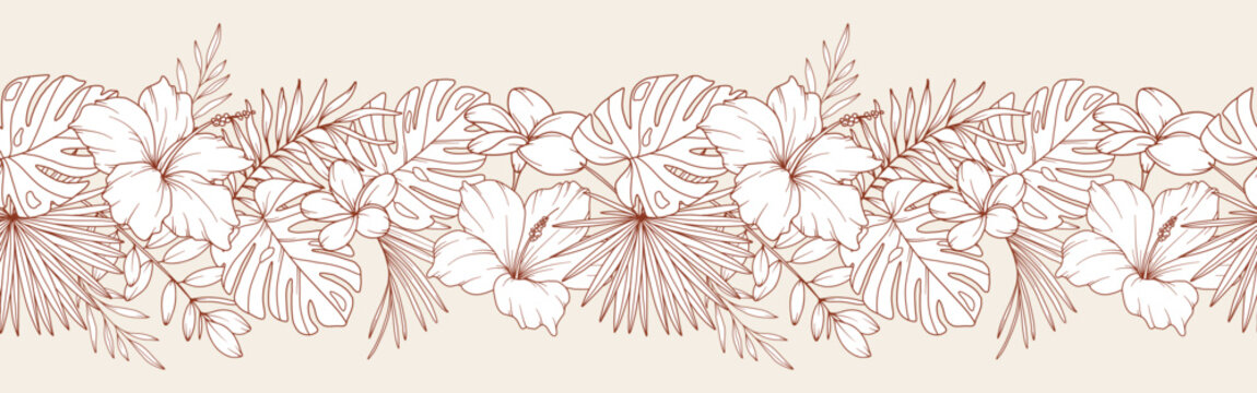 Seamless Flower Border with Tropical Plants and Flowers. Seamless Horizontal  Floral Background. Line Art Drawing. Minimalist Flower Design. Flower garland seamless. Border Frame
