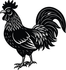 Vibrant rooster with its tail feathers proudly raised in a dynamic pose