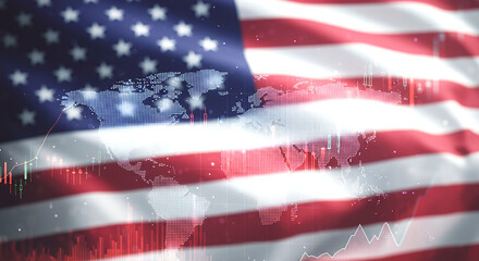 American flag backdrop with world map overlay and stock market chart visualization in the foreground