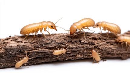 Close-Up of Termites Crawling on a Wooden Log Against a White Background