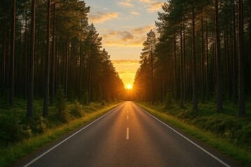 Obraz premium Stunning woodland scene featuring a pathway during sunset