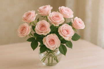 Elegant pink roses displayed in a glass container on a table