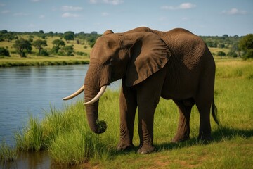 Obraz premium Majestic African elephant feeding near the water's edge