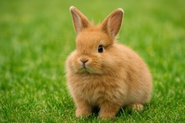 Fototapeta premium Adorable soft brown rabbit resting on lush green grass