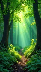 Tranquil Dappled Sunlight in a Lush Green Forest Serene Woodland Scene Perfect for Nature, Travel, and Environmental Projects