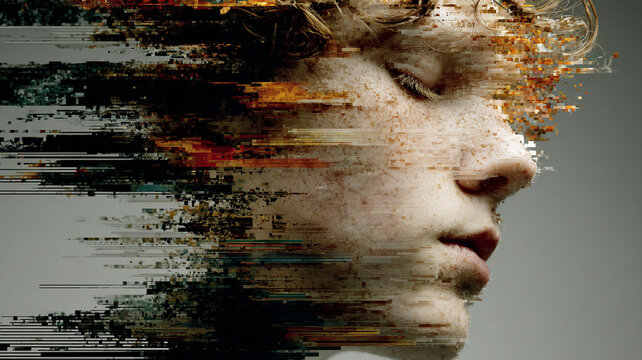Digital art of human face dissolving into pixel fragments with warm and dark tones, expressing transformation and digital disintegration