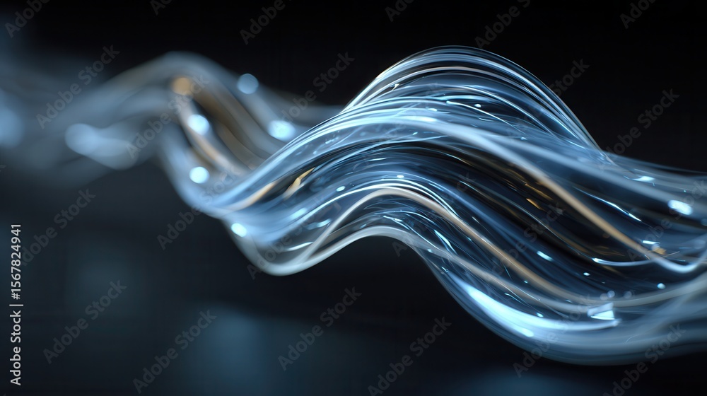 Poster abstract waveform of glowing transparent curves in dark background