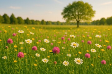 Fototapeta premium Vibrant blossoms blooming across a sunny field of grass