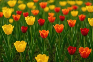 Vivid autumn-colored tulips blooming in a garden bed, perfect for springtime floral decor.