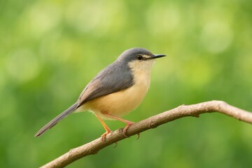 Obraz premium Delicate Ashy Prinia perched on a branch, featuring a charming bird wall decor with a festive background for holiday greetings.