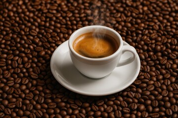 Obraz premium A shot of espresso set against a bed of coffee beans