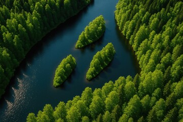 Fototapeta premium Bird's eye perspective of a stunning blue waterway with lush islands and dense woodland