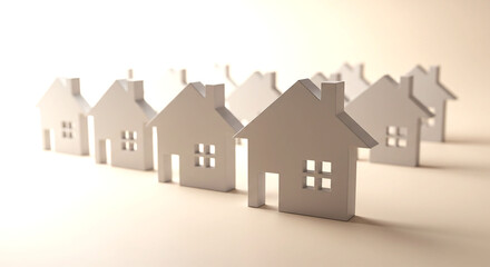 A minimalist arrangement of small white house models in a row on a neutral colored surface
