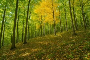 Fototapeta premium A hillside covered with trees during a sunny autumn afternoon, showcasing vibrant green and yellow leaves