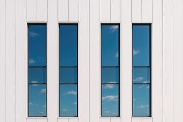 Contemporary building featuring sleek white metal cladding and tall reflective windows against the sky