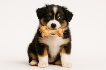 Fototapeta premium Two-month-old Australian Shepherd puppy with a knuckle bone, sitting on a white backdrop