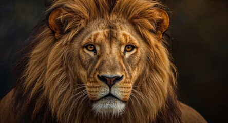 Fototapeta premium Close up portrait of a majestic lion with a full mane looking directly at the camera lens calmly