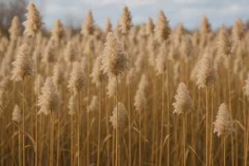 Fototapeta premium Abundant tall grasses in late autumn, featuring soft, aged reeds