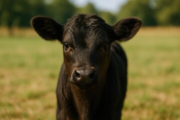 Dark-colored calf grazing on a rural farm