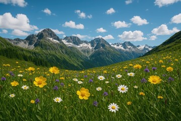 Blooming flowers in a mountainous alpine landscape beneath a vast sky