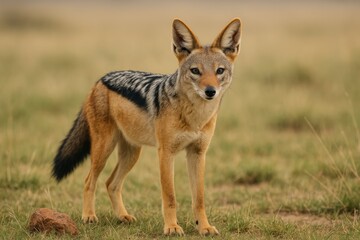 Fototapeta premium Grassland scene featuring a Black-backed jackal or Canis mesomelas