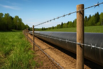 Pipeline construction featuring barbed wire fencing