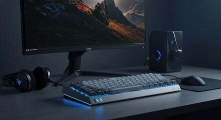 Illuminated Gaming Keyboard Setup with Headphones and Monitor