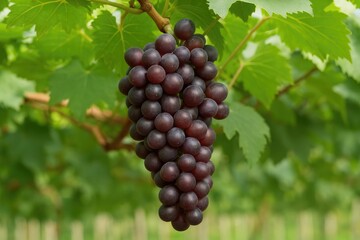 Naklejka premium Close-up of a lush vineyard featuring dark red and black grapes amidst vibrant green foliage
