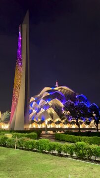 Bandung West Java Indonesia Video night view taken on July 05, 2025, shows the front section of Masjid Al Jabbar with beautiful building and exterior design Islamic reliefs and textures 