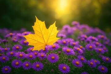 A golden maple leaf lands on violet blossoms with a luminous glow effect