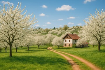 Fototapeta premium Springtime scenery of blooming plum blossoms in a picturesque village and surrounding fields