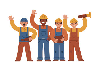 Group of happy workers in uniforms waving