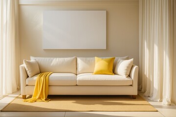 Butter‑Sand Living Room Wall Art Mockup with Neutral Sofa