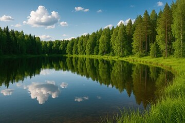 Obraz premium Stunning summer scenery featuring a wooded lake with mirror-like water reflection