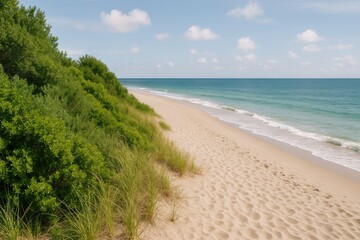 Tranquil shoreline featuring lush vegetation and sandy stretches