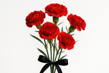 Obraz premium Close-up of a vibrant red carnation bouquet against a plain white backdrop
