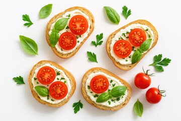 Mini sandwich starters with cherry tomatoes, cheese, and herbs on bread, top-down view